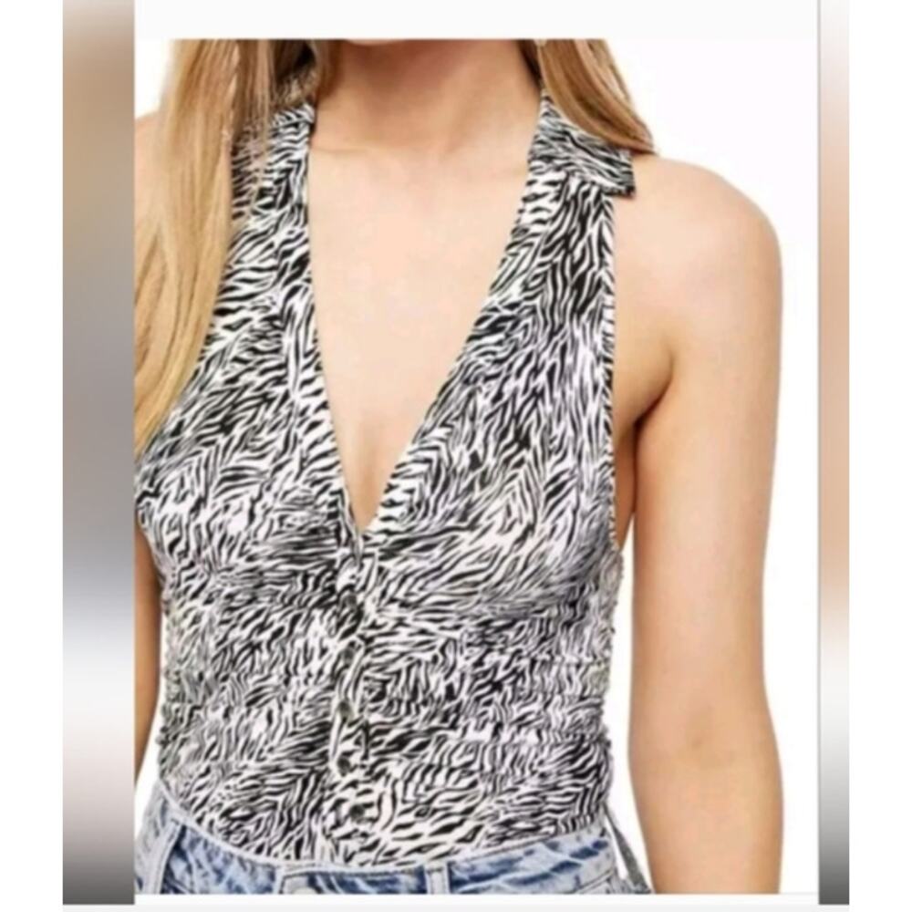 Free People Women's Top Ruched Stitching Racer Back XS Black White